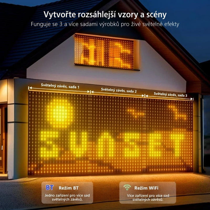 Tři spojené sady světelných záclon na průčelí domu tvoří jeden velký žlutý nápis a obrázek 8
