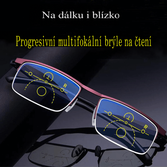 Brýle s vínově červenou polorámovou obrubou a čočkami s viditelnými zónami progresivního vidění na tmavém pozadí. 3