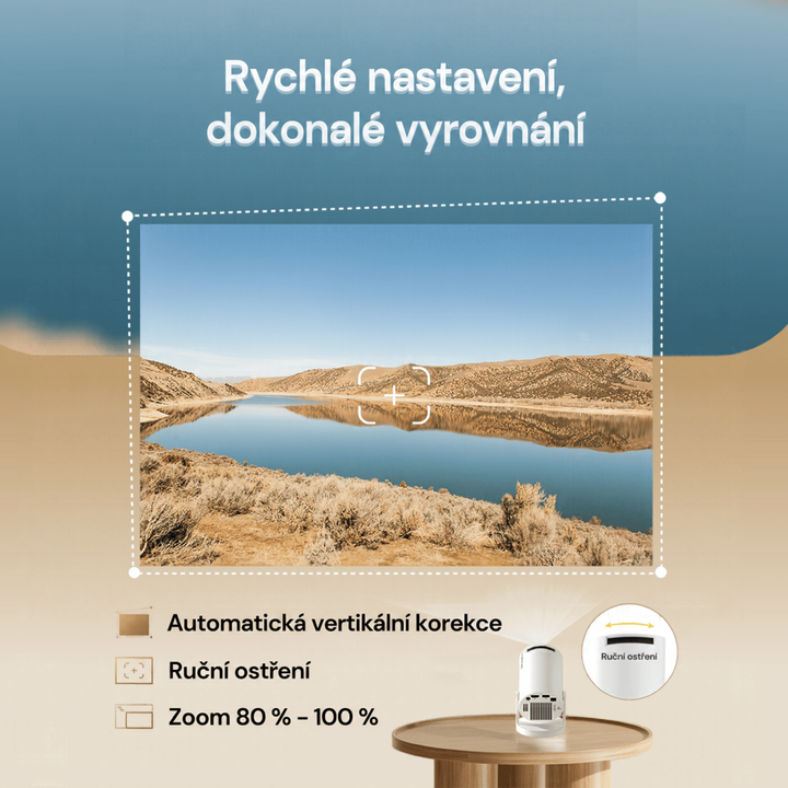 Promítaný obraz jezera v poušti, zezadu projektor na stolku s ostřicím kolečkem a výčtem nastavení 19