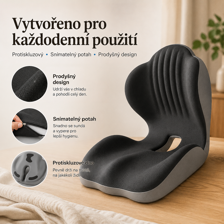 Sedák s opěrkou na dřevěném stole, kruhové výřezy ukazují prodyšnou látku, zip potahu a protiskluzovou spodní stranu 11