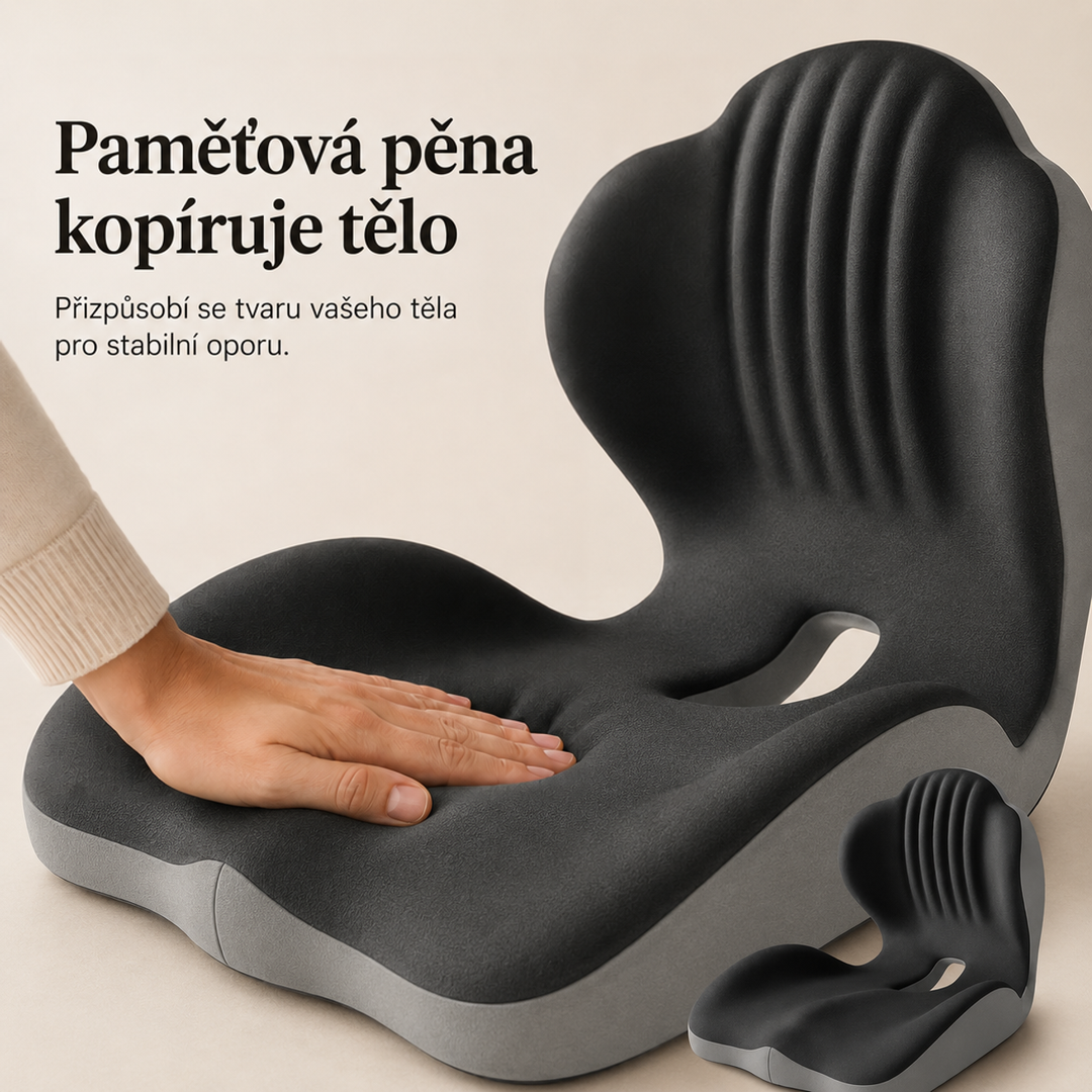 Ruka tlačí do měkkého sedáku s vlnitou opěrkou, vedle je menší záběr téhož sedáku 3