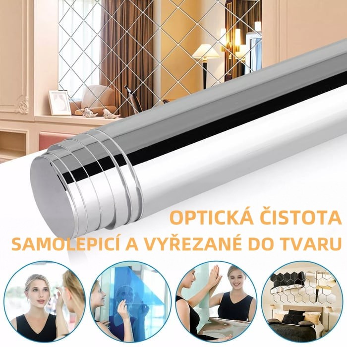 Role stříbrné zrcadlové fólie nad ukázkami použití: zrcadlo v interiéru, dívky se prohlížejí v zrcadlové ploše a šestiúhelníkové nalepovací dílky. 1