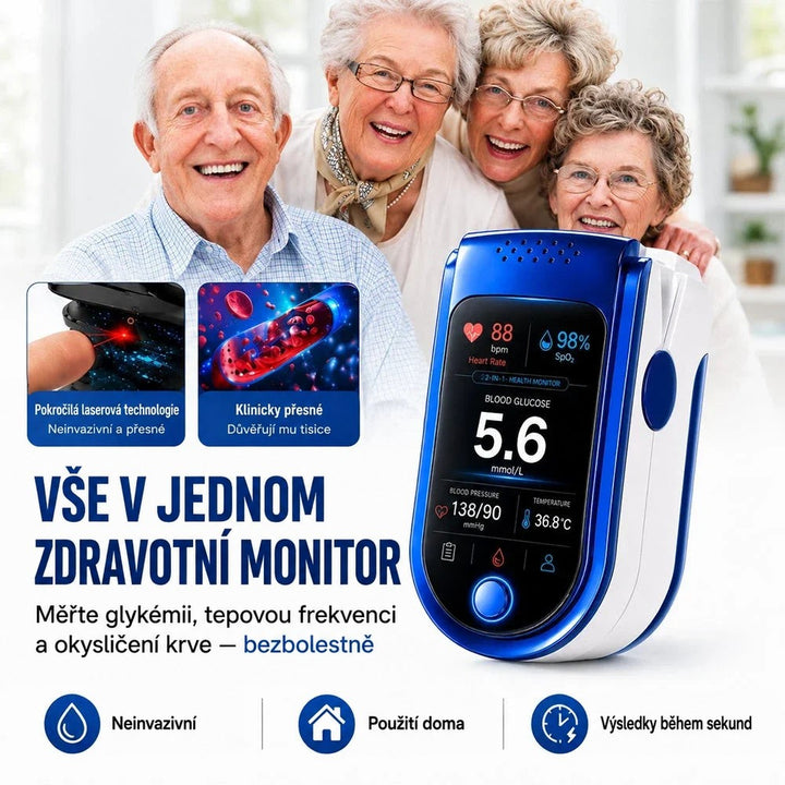 Čtveřice usmívajících se seniorů za modrobílým monitorem zdraví, vlevo dvě malé ilustrace laserové technologie a krevních buněk. 2