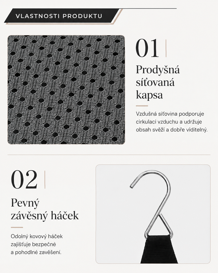 Detail černé děrované síťoviny a kovového háku s černým popruhem 6