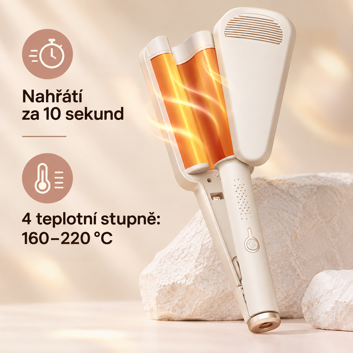 Béžová kulma s rozžhavenými oranžově zářícími plotnami, grafika o rychlém zahřátí a čtyřech teplotách 12