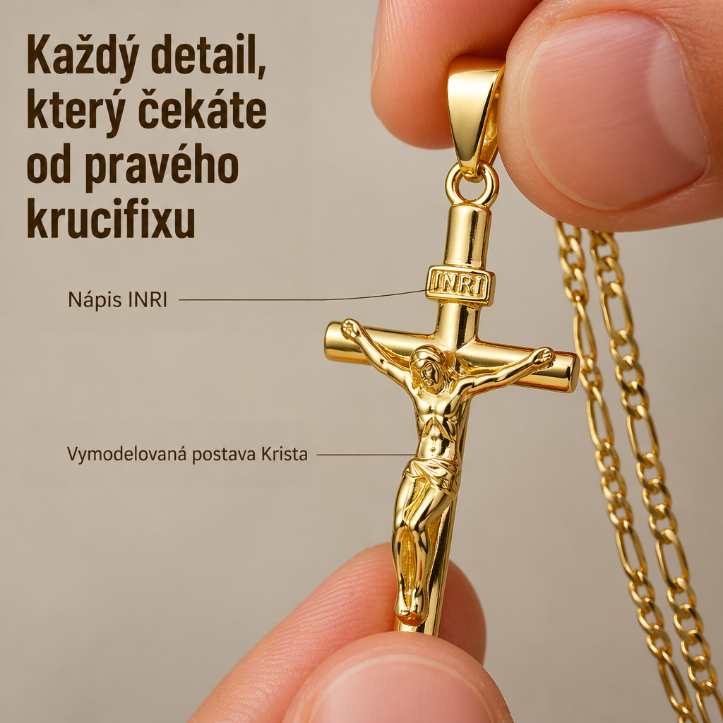 Zlatý krucifix s nápisem INRI a vyobrazením Krista držený mezi prsty, vedle visí řetízek 2