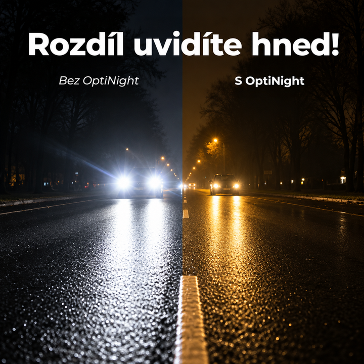 Srovnání noční silnice: vlevo oslnivá světla protijedoucího auta, vpravo klidnější jantarový obraz při pohledu přes žluté čočky. 2