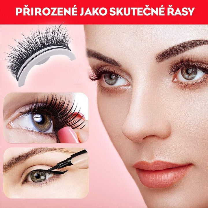 Tvář ženy s dlouhými řasami, vedle řasa na bílém držáku a výřezy aplikace řasy a nanášení linky. 9