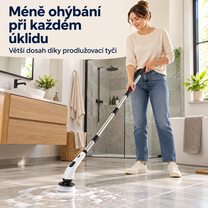Žena v džínách se skloněnou hlavou drhne zapěněnou dlažbu v moderní koupelně s dřevěnou skříňkou a sprchou 10