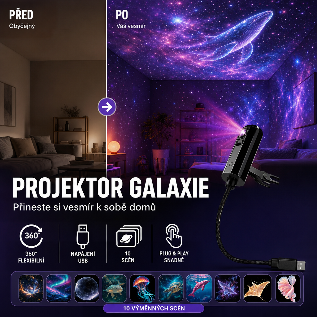 Srovnání obývacího pokoje před a po s galaxií na stropě, projektor na flexibilním USB ramenu a řada deseti motivů 4
