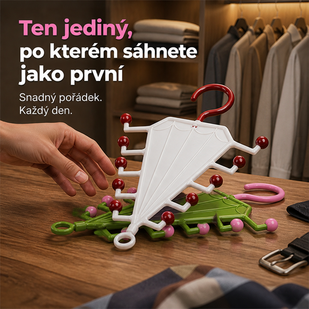 Bílý věšák položený na zeleném na dřevěném stole, k nim se natahuje ruka 6