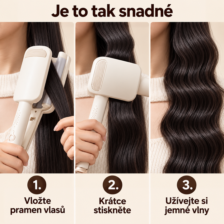 Tři kroky stylingu: vložení pramene do kulmy, stisknutí a hotové měkké vlny na tmavých vlasech 14