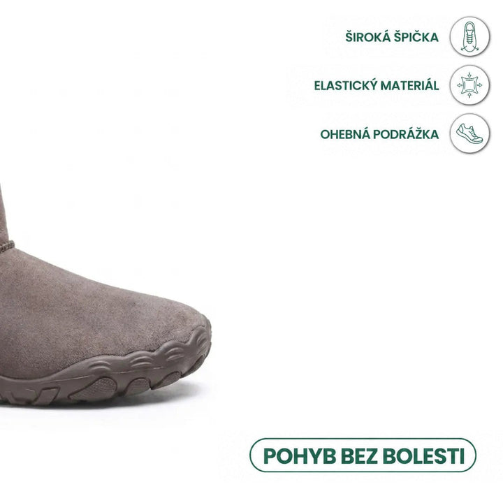 Detail špičky hnědé semišové boty se širokou přední částí a flexibilní podrážkou, vedle ikony vlastností 41