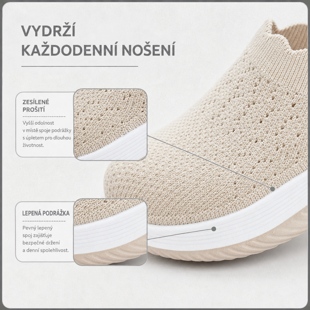 Detail pleteniny a spoje bílé podešvy s popisky o zesíleném šití a lepené podešvi 4