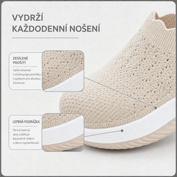 Detail pleteniny a spoje bílé podešvy s popisky o zesíleném šití a lepené podešvi 4