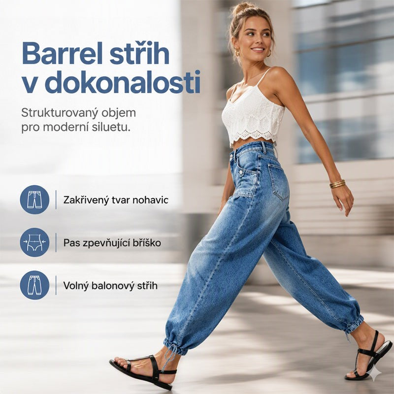 Usměvavá modelka v chůzi v modrých balonových džínách se stahováním na kotnících, vedle ní tři ikony vlastností. 4
