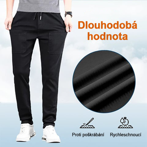 Černé kalhoty na modelu a kruhový detail tmavé tkaniny, s ikonami odolnosti a rychlého schnutí 3