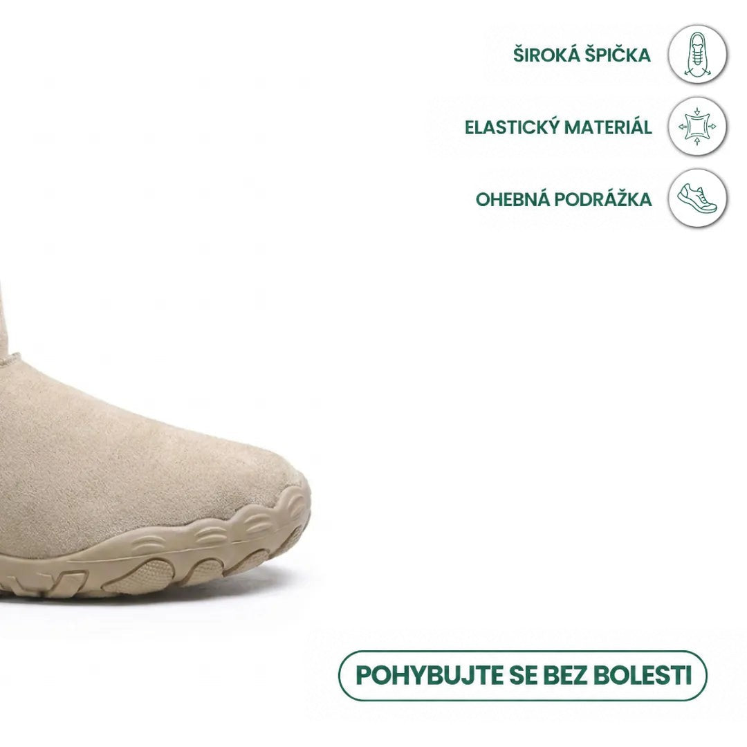 Detail široké špičky a ohebné podešve béžové boty s ikonami vlastností 5