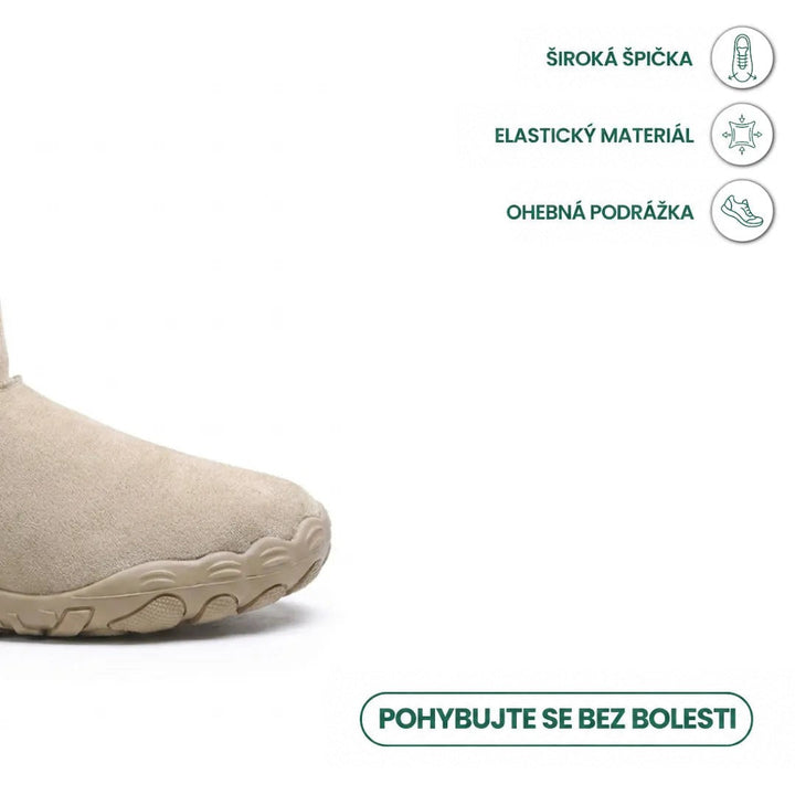 Detail široké špičky a ohebné podešve béžové boty s ikonami vlastností 5
