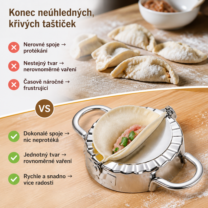 Srovnání nerovných ručně tvarovaných knedlíčků s formou, která drží kolečko těsta s masovou a pažitkovou náplní připravené k zaklapnutí. 2
