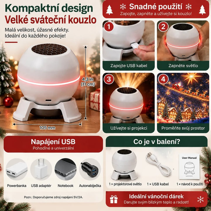 Infografika bílého kulového projektoru s rozměry, krokem zapnutí, napájením přes USB a obsahem balení 1