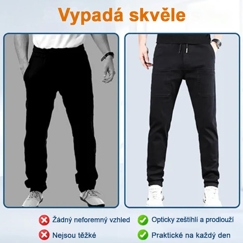 Srovnání dvou černých kalhot: volný splývavý střih vlevo, štíhlejší střih s kapsami vpravo 18