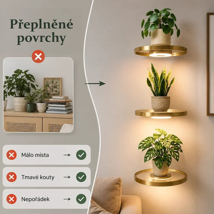 Srovnání přeplněné komody s rostlinami a knihami vlevo a tří osvětlených zlatých polic s rostlinami na čisté stěně vpravo. 2