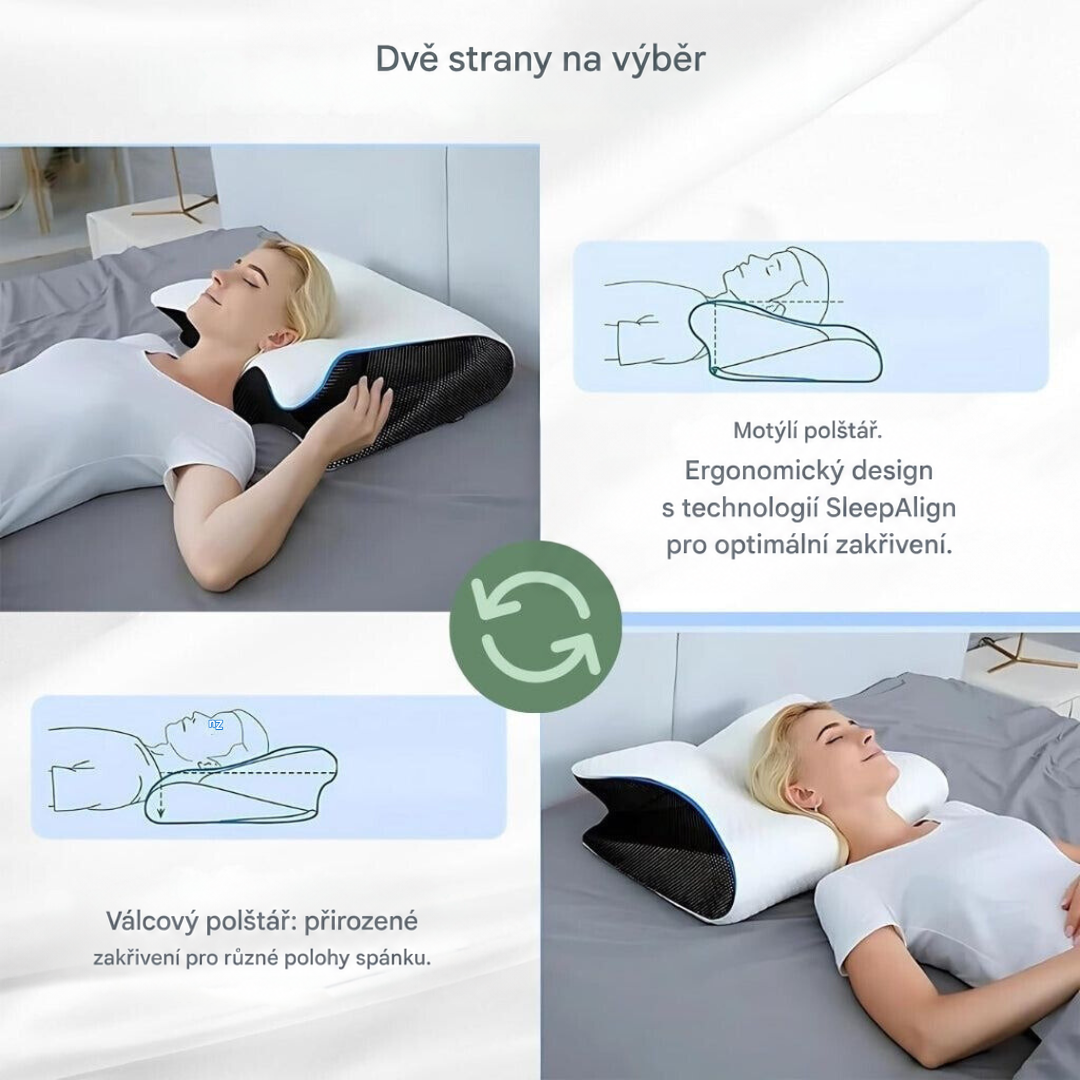 Dvě strany polštáře, motýlkový a válcový profil, se spící ženou a schematickými nákresy 9