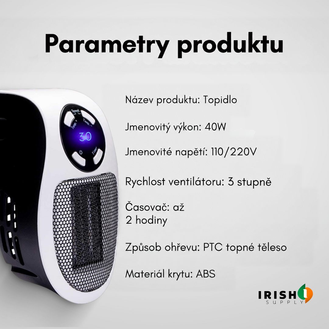 Šikmý pohled na přímotop vedle seznamu technických parametrů, včetně výkonu a materiálu pláště 8