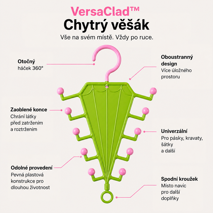 Zelený věšák s růžovými kuličkami a růžovým háčkem na světlém pozadí s popisky jeho vlastností 2