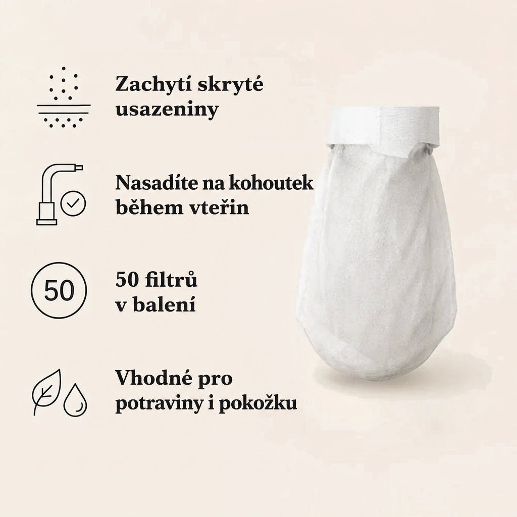Jeden bílý filtr s páskem nahoře vedle ikon s výčtem vlastností a počtu kusů v balení. 5