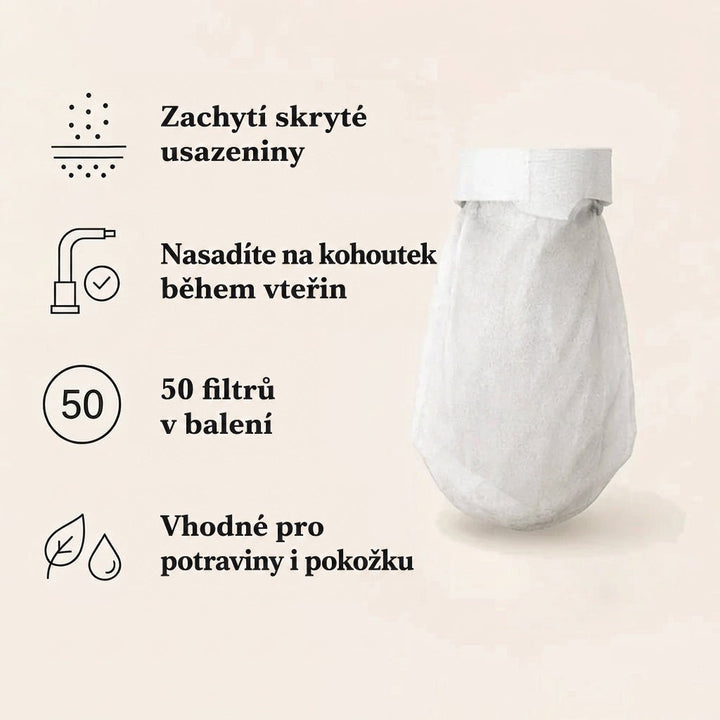 Jeden bílý filtr s páskem nahoře vedle ikon s výčtem vlastností a počtu kusů v balení. 5