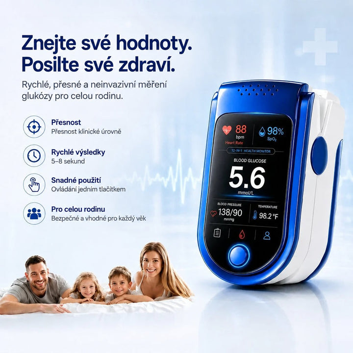 Přístroj s displejem na světlém pozadí s vlnou tepu, dole usmívající se rodina ležící na posteli. 4