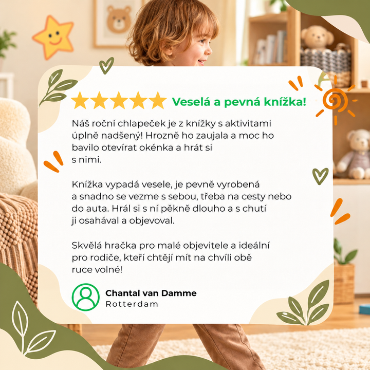 Dítě v pozadí za bílou tabulkou s pětihvězdičkovou recenzí a poděkováním od zákaznice 10