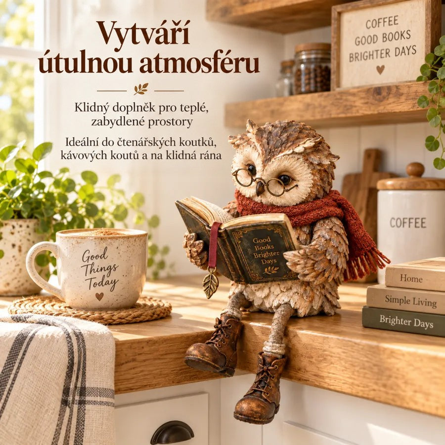 Sova sedí na dřevěné kuchyňské lince vedle hrnku na slámové podložce, dózy, stohu knih a květináče s rostlinou. 6