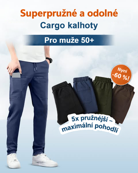 Propagační obrázek: modré kalhoty na modelu a vedle nich čtyři barevné varianty 2