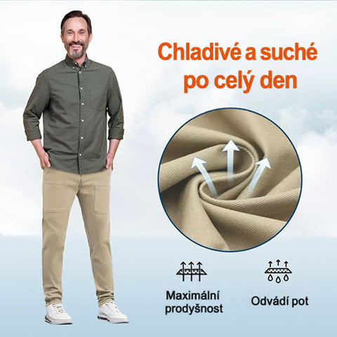 Muž v béžových kalhotách a zelené košili, vedle detail prodyšné tkaniny s ikonami 12