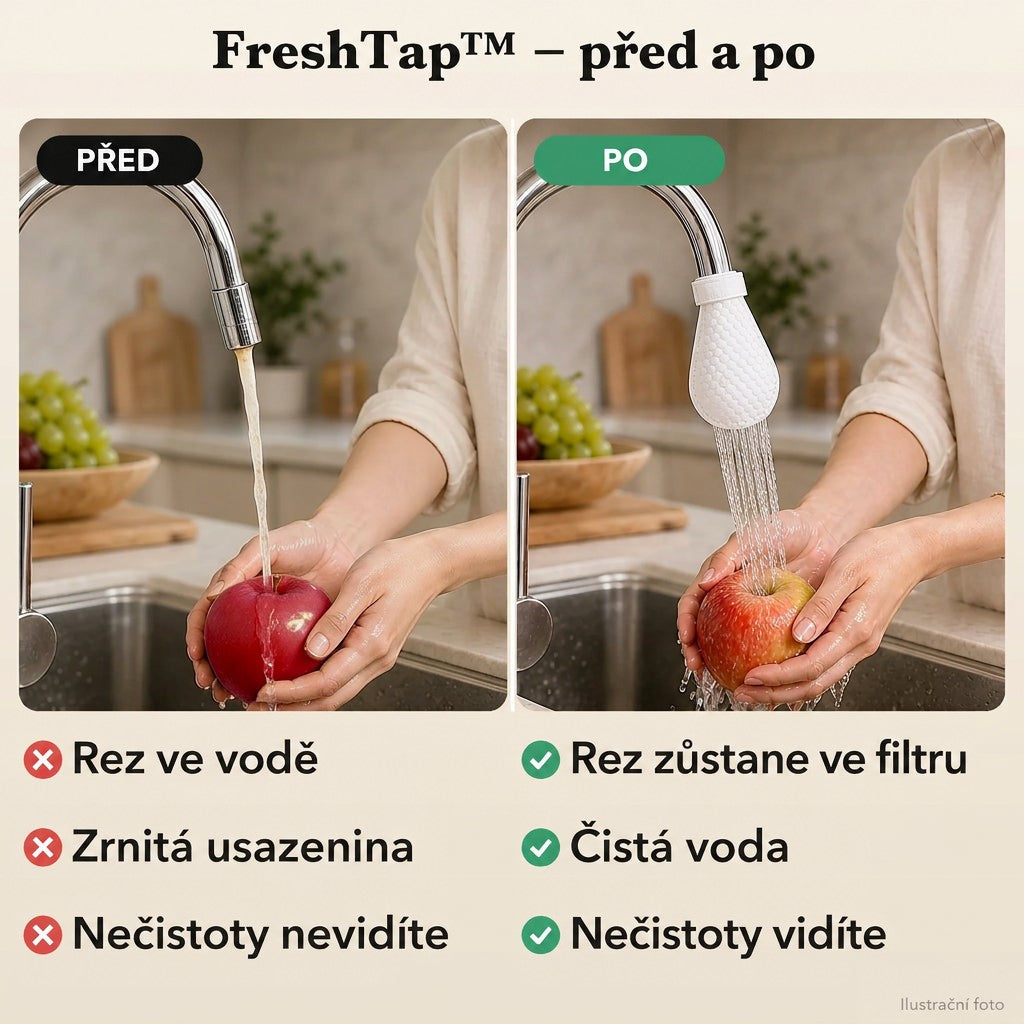 Srovnání před a po: mytí jablka pod kohoutkem bez filtru a s nasazeným bílým filtrem. 9