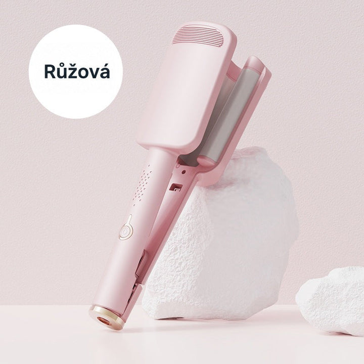 Růžová kulma s vlnami opřená o bílý kámen na růžovém pozadí 3