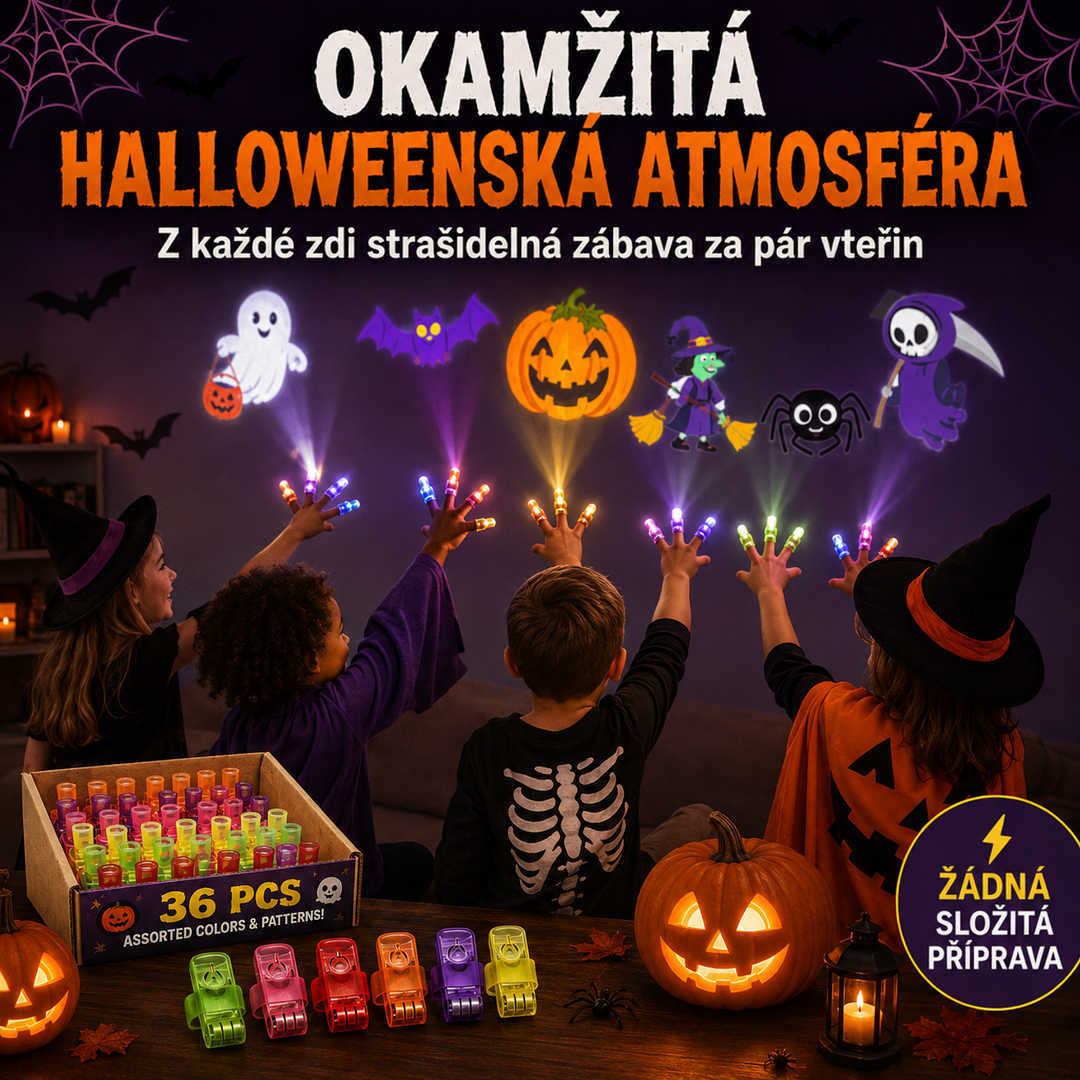Čtyři děti v halloweenských kostýmech promítají prstovými projektory strašidla na zeď, vpředu otevřená krabice a šest 12