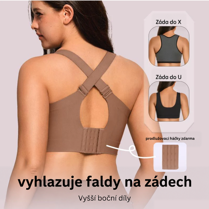 Záda hnědé podprsenky s překříženými ramínky, třířadým zapínáním a náhledy variant zad X a U 13