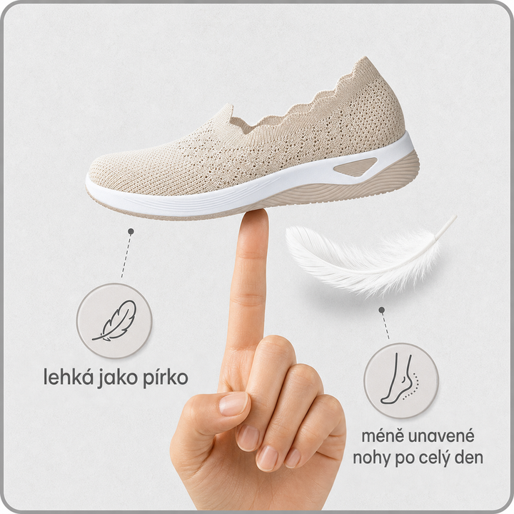 Béžová pletená bota balancující na prstu vedle pírka, ilustrace velmi nízké hmotnosti 3
