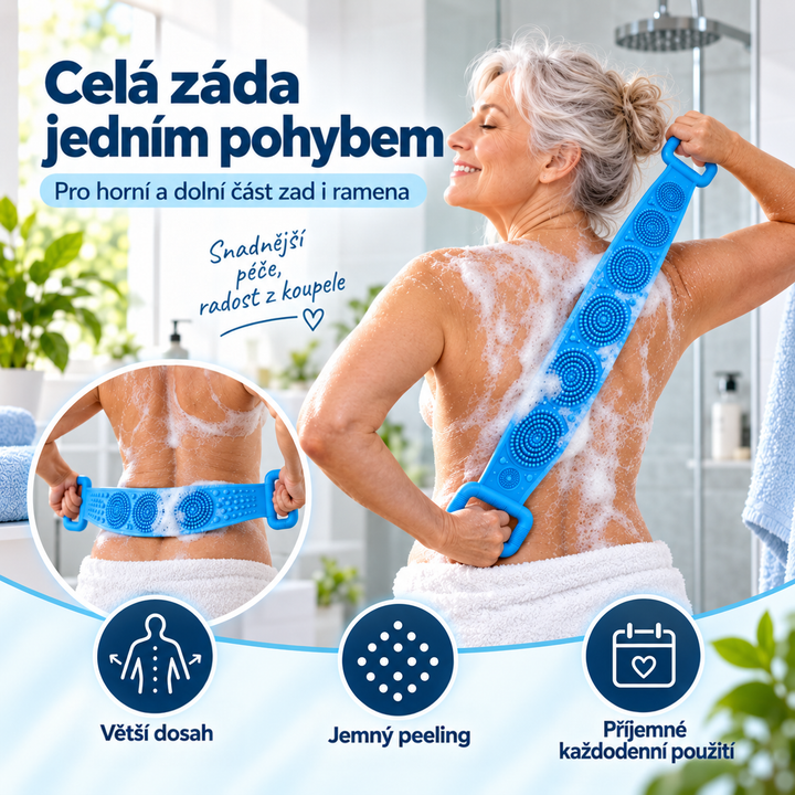 Žena s pěnou na zádech myje celá záda modrým kartáčem, v kruhu detail kartáče v bedrech 1