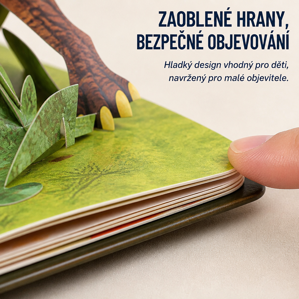 Detail zaoblených rohů silných stránek, prst se dotýká okraje zelené stránky s papírovou dinosauří nohou 5
