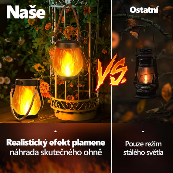 Srovnání: naše lucerna s realistickým plamenem vedle klasické petrolejové lucerny s klidným světlem 6