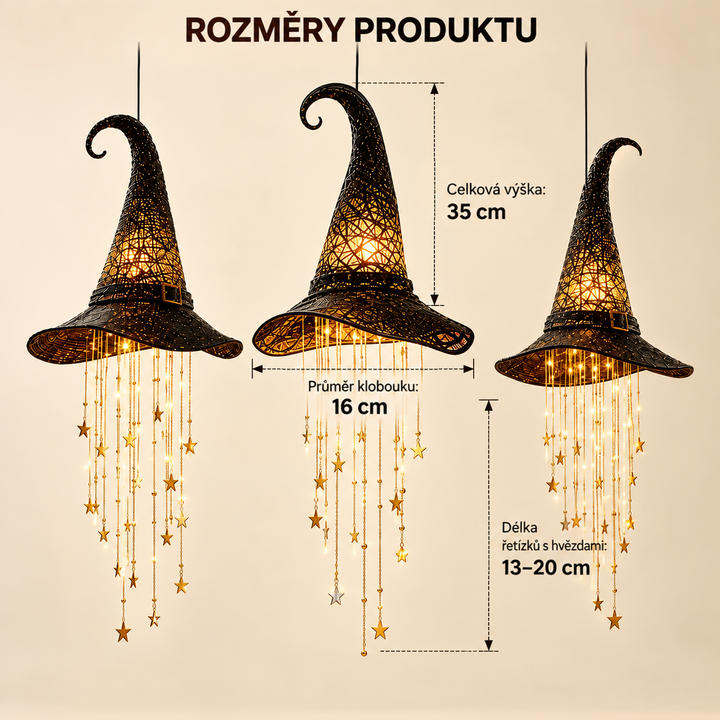 Tři klobouky na světlém pozadí s kótami rozměrů: výška, průměr klobouku a délka hvězdných řetízků. 10