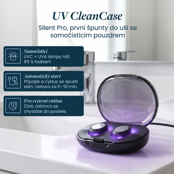 Černé pouzdro s otevřeným víkem září fialovým UV světlem na koupelnové desce, vedle text o samočisticí funkci. 4