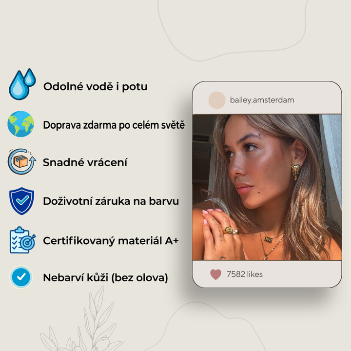 Grafika s ikonami výhod a ukázkou příspěvku na sociální síti, žena se zlatými šperky 5