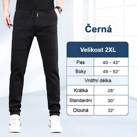 Černé kalhoty na modelu s tabulkou rozměrů velikosti 2XL, pas, boky a délka nohavice 8