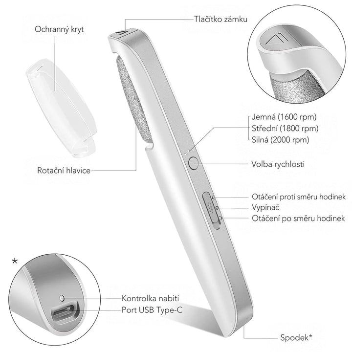Schéma přístroje s popisem uzamykacího tlačítka, krytu proti prachu, válečku, tlačítka rychlosti, přepínače směru a USB-C portu na spodku. 5